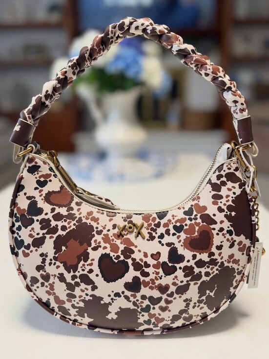 Betsey Johnson purse heart purse 💜 Betsey Johnson Brown and Pink Heart-Print Crescent Shoulder Bag